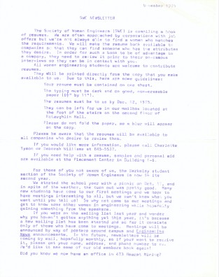 Berkeley SWE Newsletter in 1975 about resume book